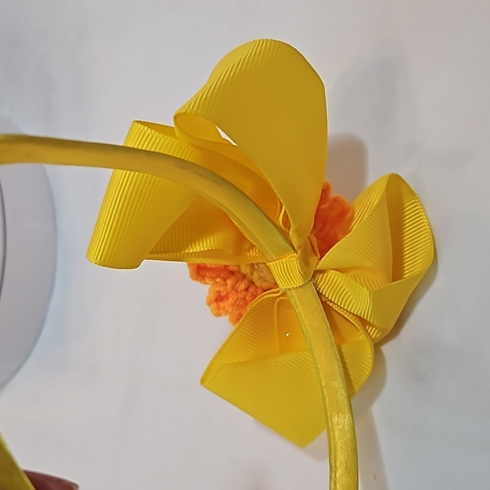 Hand Crafted yellow bow hairband hand  crochet flower faux pearls beads floral - Picture 12 of 17
